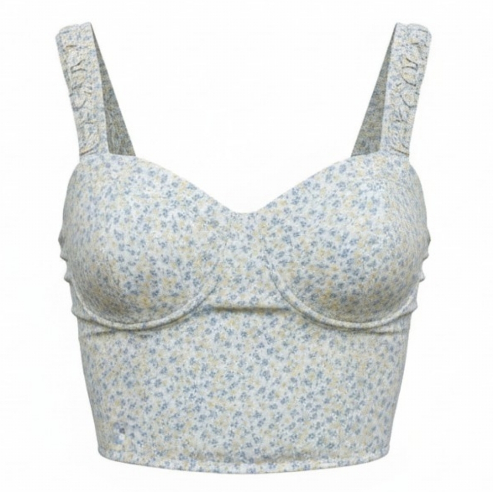 Floral Longline Bustier Top - Light Blue & Pale Yellow
